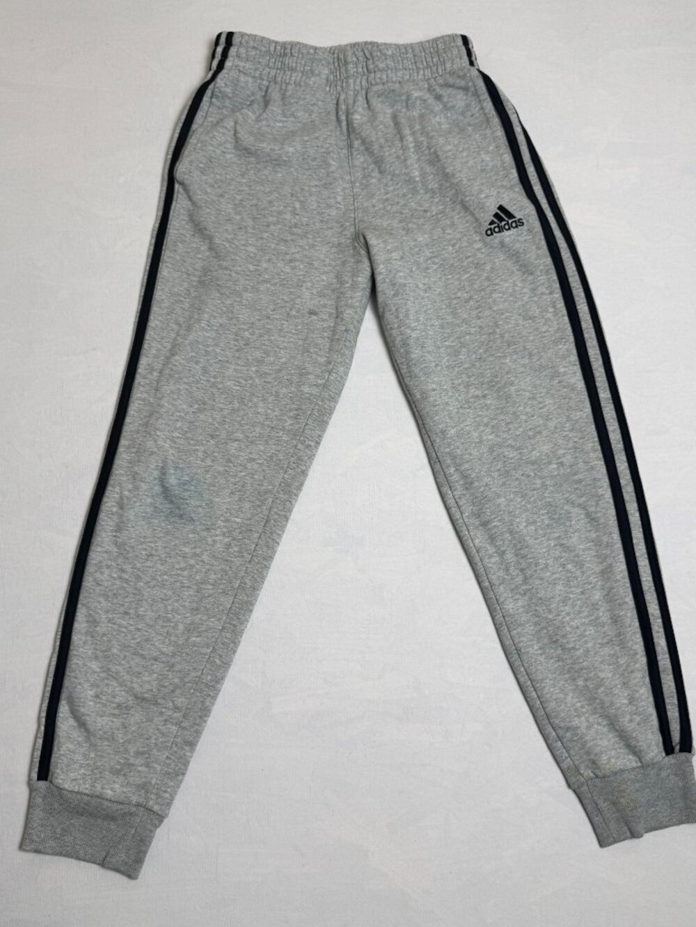 Adidas Sweatpants Boys M (10/12) Gray Stripes Cotton Fleece Lined Elastic Waist